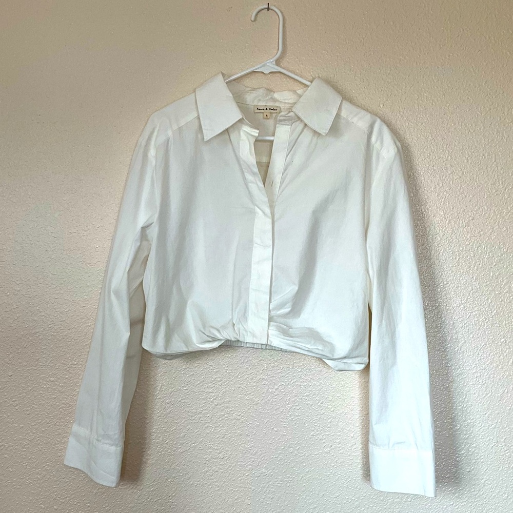 Aaron & Amber Womens Large White Cropped Button-Down Shirt | Classic, Mi…